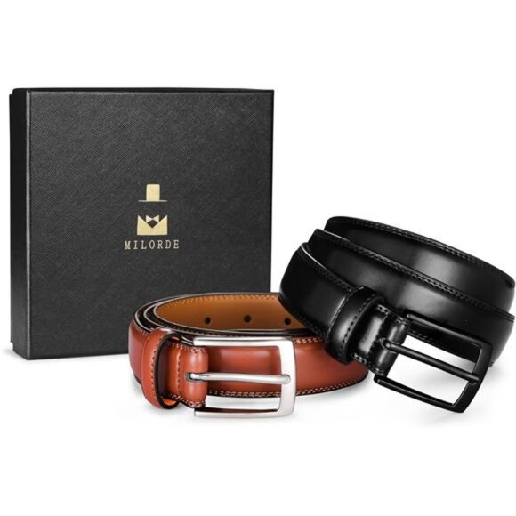 Mens Leather Dress Belt 2Pack Handmade Genuine Leather Work Business Casual - Picture 6 of 8